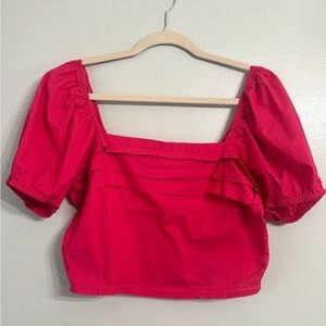 Sim & Sam Square Neck Puff Sleeve Pink Flame Cropped Top